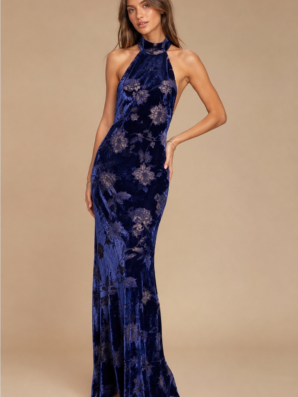 Lulus Blue Floral Crushed Velvet Halter Maxi Dress XS Formal Evening Gown
